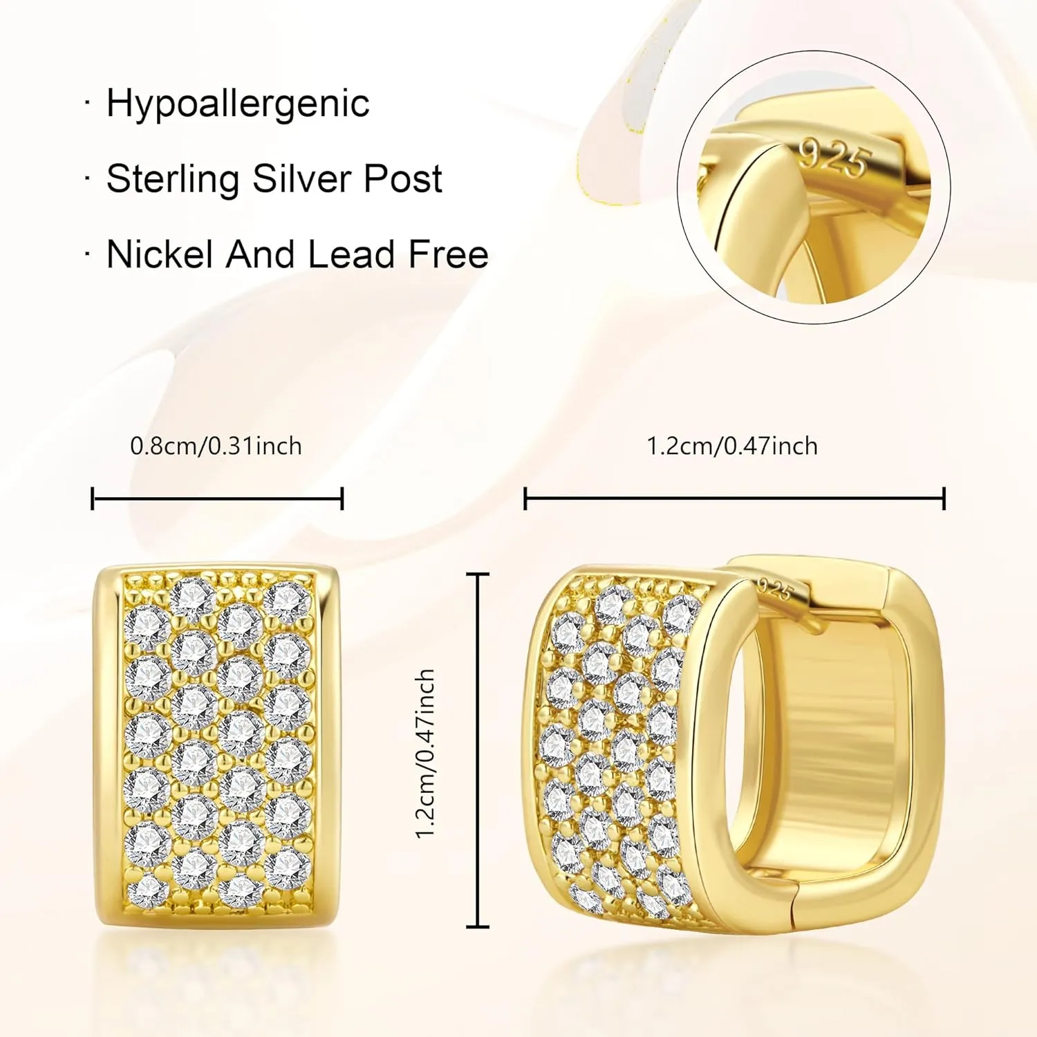 925 Sterling Silver Earrings for Women 14K Gold Plated Hoop, ALEXCRAFT Small Chunky Silver Earring for Trendy Women Cubic Zirconia Square Hoops Hypoallergenic Thick Huggie Earings