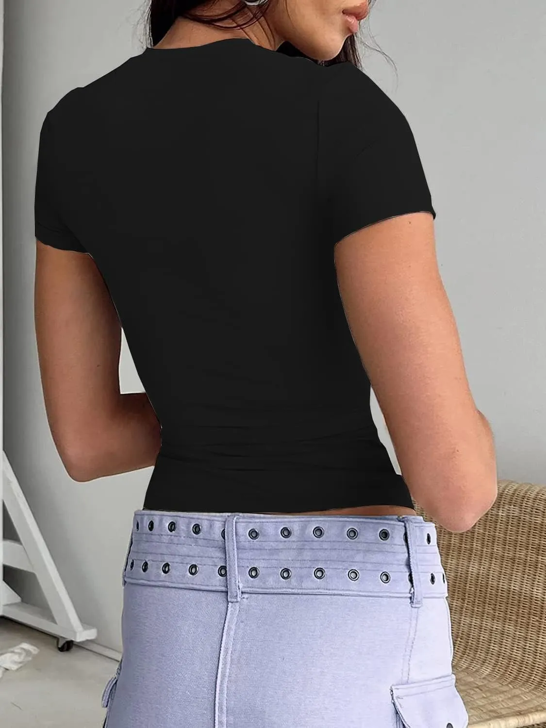 Abardsion Women's Casual Basic Going Out Crop Tops Slim Fit Short Sleeve Crew Neck Tight T Shirts