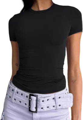 Abardsion Women's Casual Basic Going Out Crop Tops Slim Fit Short Sleeve Crew Neck Tight T Shirts
