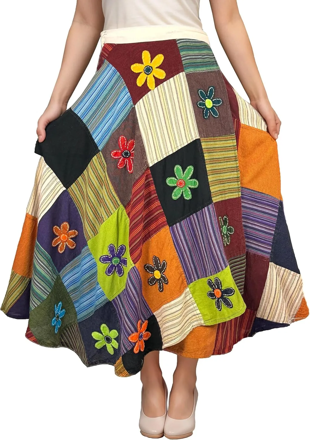 Agan Traders Women's 2025 Summer Boho Maxi Skirt for Fall Patched Tie Up High Waisted Long Skirt Bohemian Wrap Cover Up