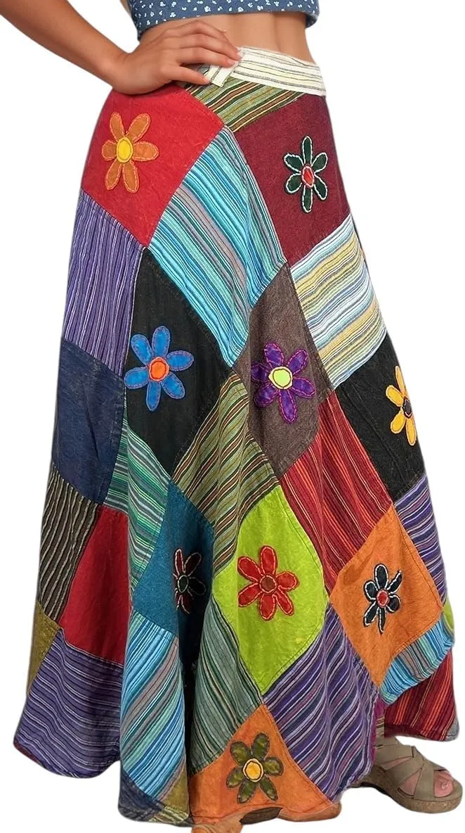 Agan Traders Women's 2025 Summer Boho Maxi Skirt for Fall Patched Tie Up High Waisted Long Skirt Bohemian Wrap Cover Up