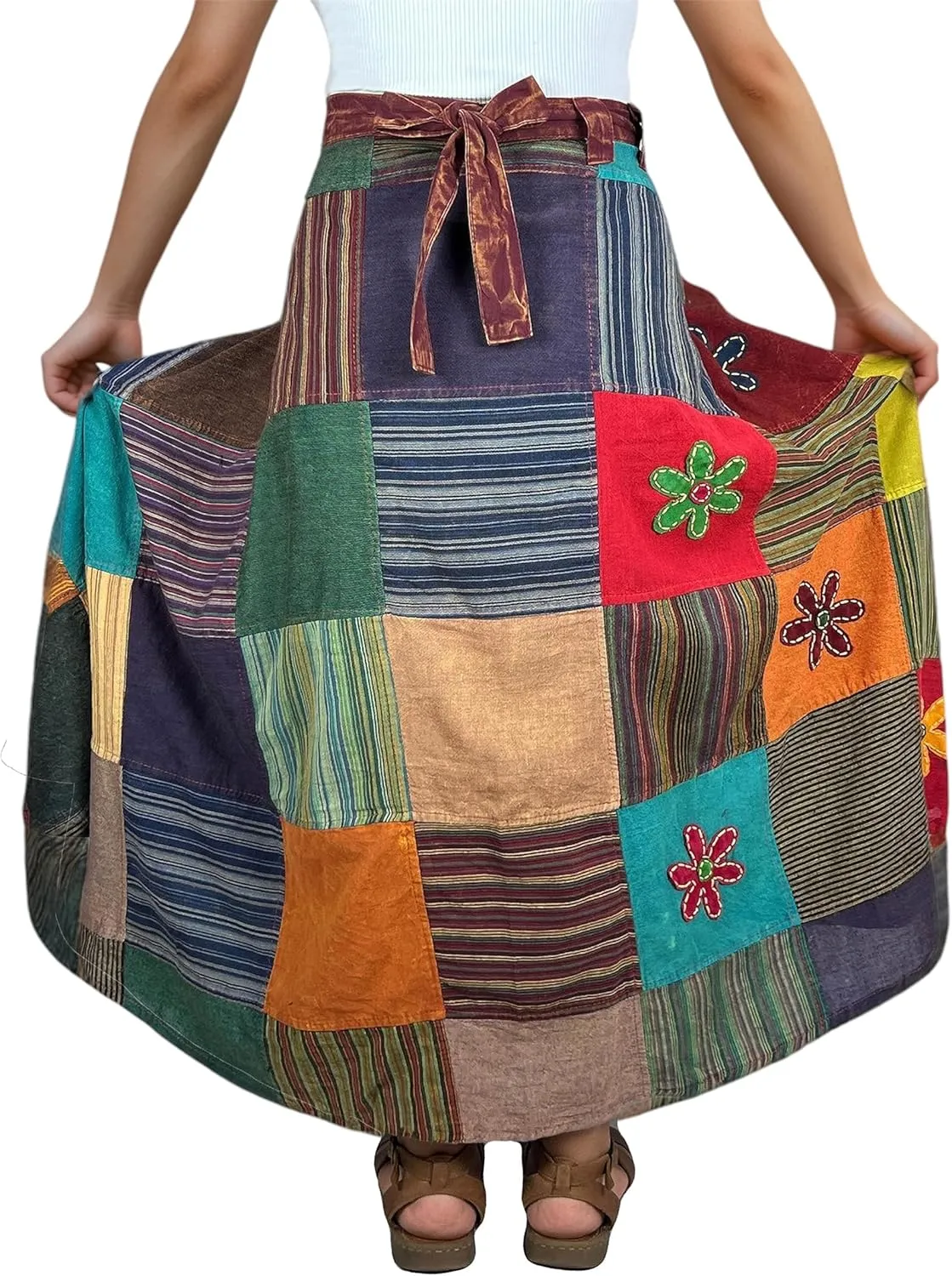 Agan Traders Women's 2025 Summer Boho Maxi Skirt for Fall Patched Tie Up High Waisted Long Skirt Bohemian Wrap Cover Up
