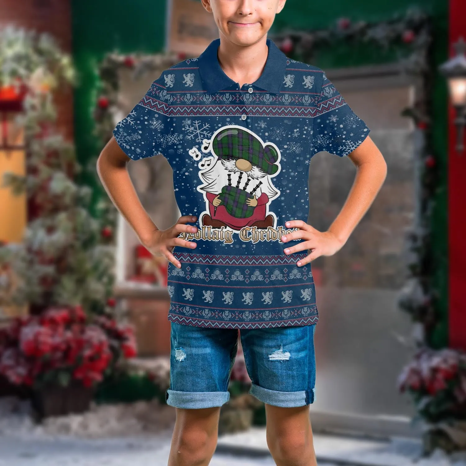 Armstrong Clan Christmas Family Polo Shirt with Funny Gnome Playing Bagpipes