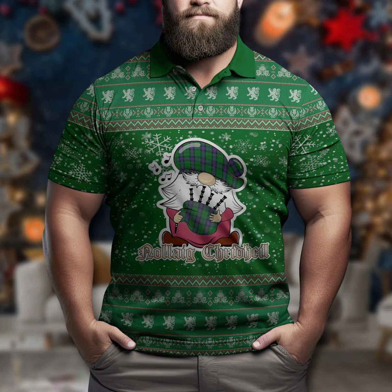 Armstrong Clan Christmas Family Polo Shirt with Funny Gnome Playing Bagpipes