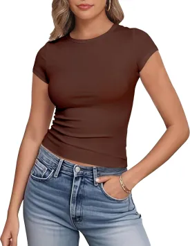 Artfish Women's Short Sleeve Shirts Crewneck Cropped Workout Slim Fitted Ribbed Casual Basic T-Shirts
