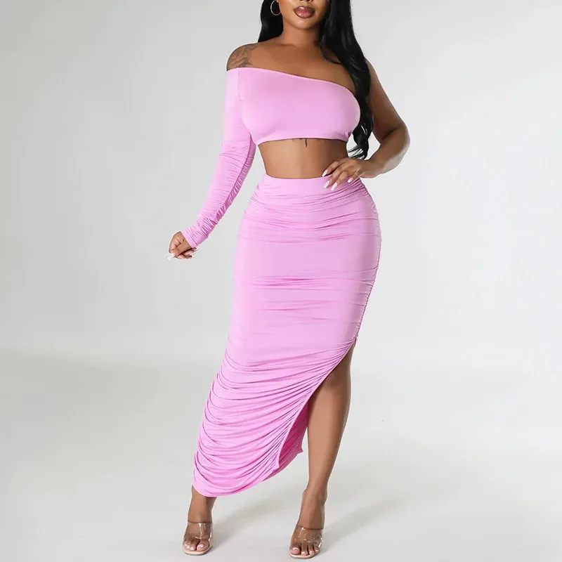 Asymmetrical One Shoulder Solid Backless Long Sleeve Crop Top   Bandage Shirred Draped Ruched High Slit Maxi Skirt 2-Piece Set