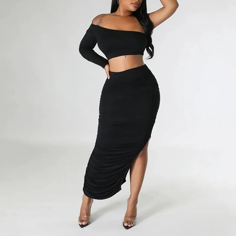 Asymmetrical One Shoulder Solid Backless Long Sleeve Crop Top   Bandage Shirred Draped Ruched High Slit Maxi Skirt 2-Piece Set