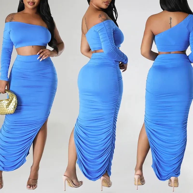 Asymmetrical One Shoulder Solid Backless Long Sleeve Crop Top   Bandage Shirred Draped Ruched High Slit Maxi Skirt 2-Piece Set