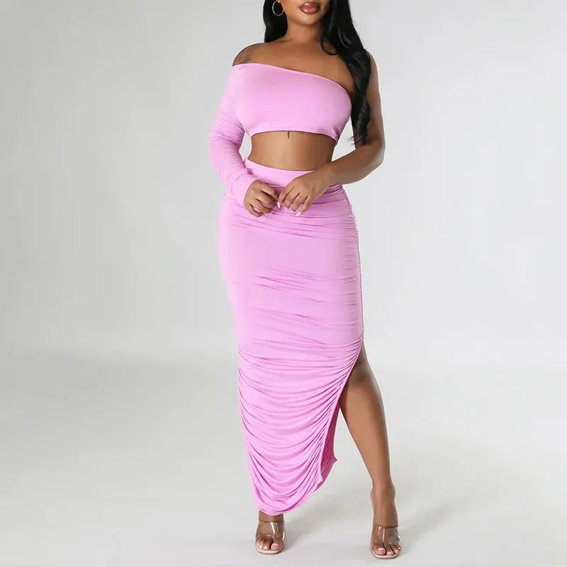 Asymmetrical One Shoulder Solid Backless Long Sleeve Crop Top   Bandage Shirred Draped Ruched High Slit Maxi Skirt 2-Piece Set