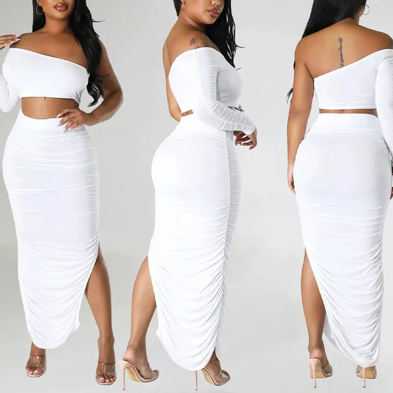 Asymmetrical One Shoulder Solid Backless Long Sleeve Crop Top   Bandage Shirred Draped Ruched High Slit Maxi Skirt 2-Piece Set