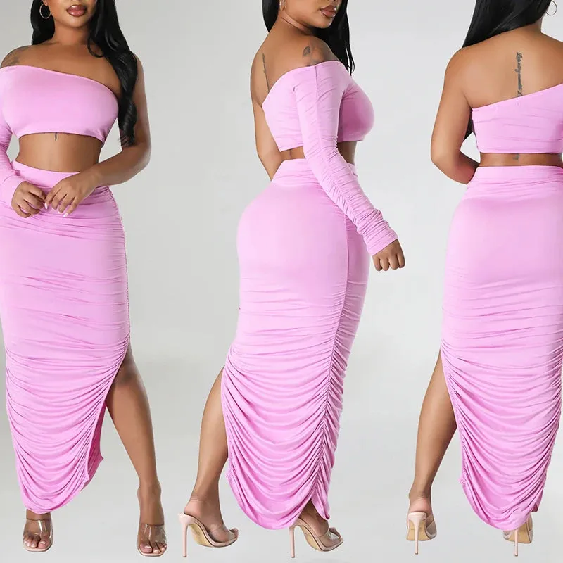 Asymmetrical One Shoulder Solid Backless Long Sleeve Crop Top   Bandage Shirred Draped Ruched High Slit Maxi Skirt 2-Piece Set
