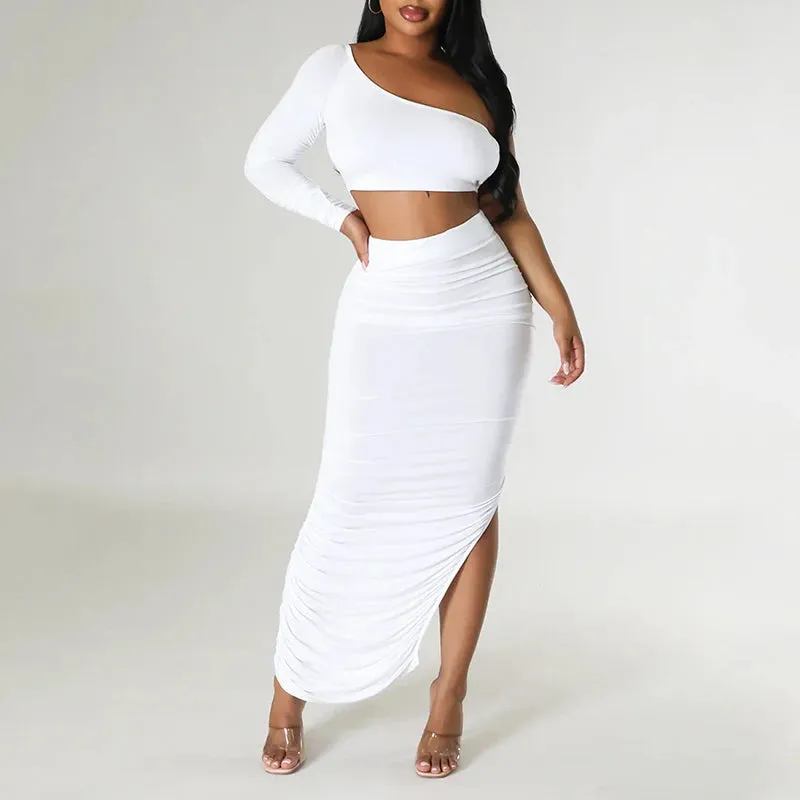 Asymmetrical One Shoulder Solid Backless Long Sleeve Crop Top   Bandage Shirred Draped Ruched High Slit Maxi Skirt 2-Piece Set