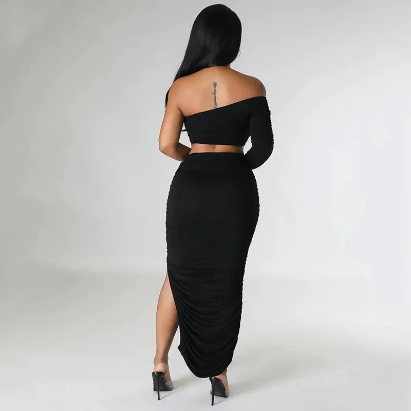 Asymmetrical One Shoulder Solid Backless Long Sleeve Crop Top   Bandage Shirred Draped Ruched High Slit Maxi Skirt 2-Piece Set