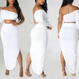 Asymmetrical One Shoulder Solid Backless Long Sleeve Crop Top   Bandage Shirred Draped Ruched High Slit Maxi Skirt 2-Piece Set