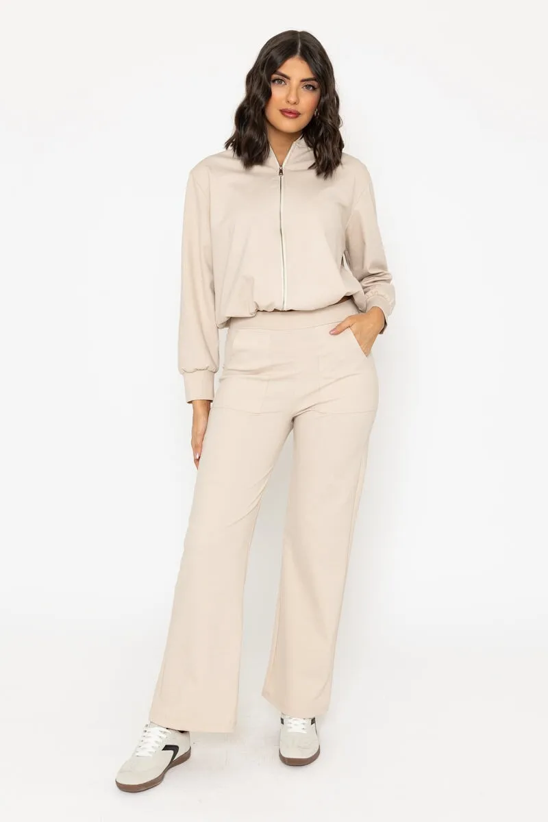 Beige Ponte Wide Leg Trousers