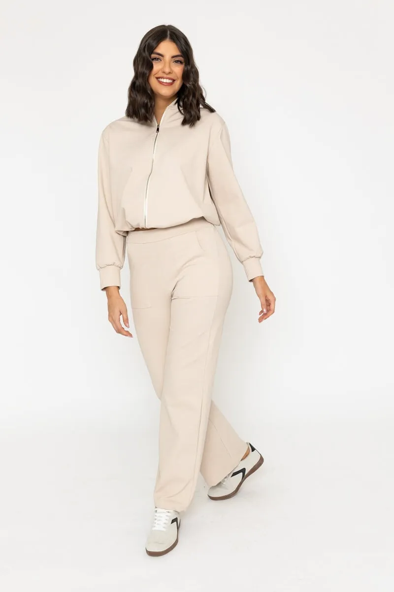 Beige Ponte Wide Leg Trousers