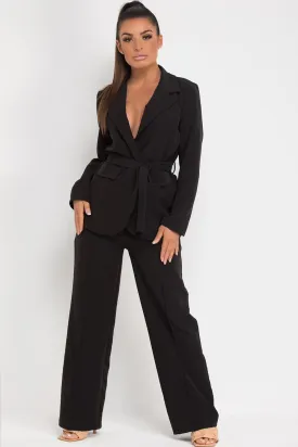 Belted Blazer And Wide Leg Trousers Set Black