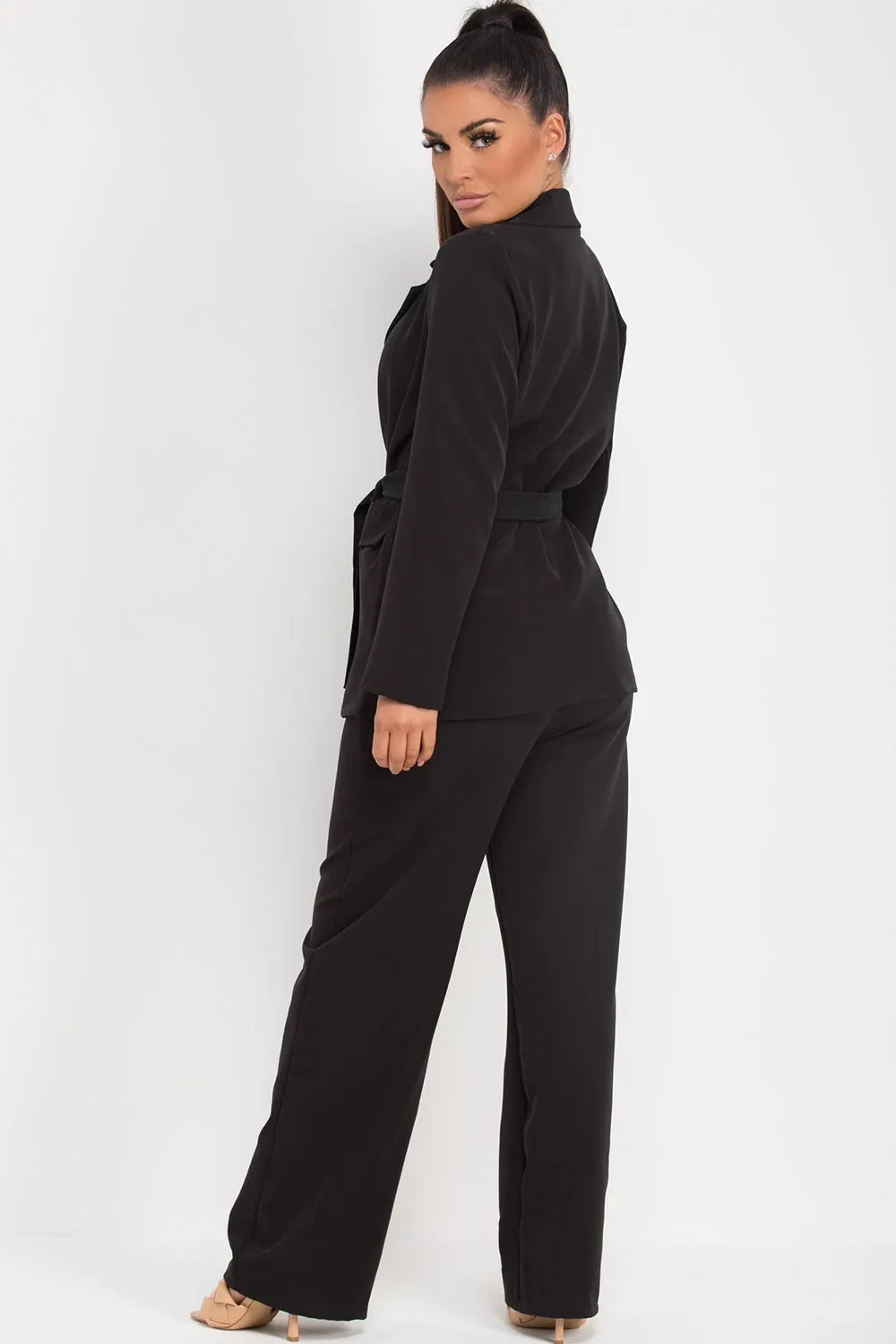 Belted Blazer And Wide Leg Trousers Set Black