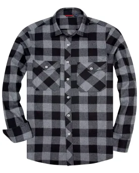 BIG & TALL Men's Button Down Long Sleeve Plaid Flannel Casual Shirts-Grey Black Plaid