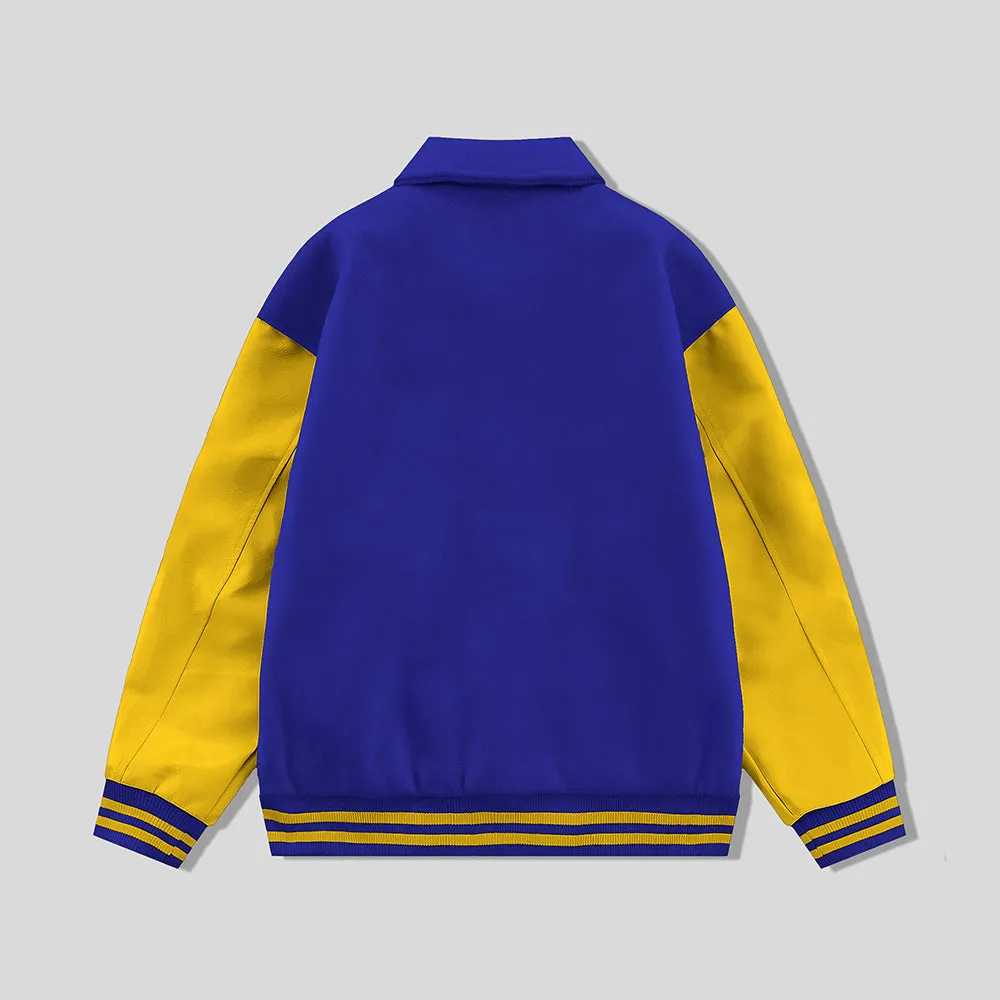 Blue Byron Collar Wool & Leather Varsity Jacket with Gold Sleeves - Jack N Hoods
