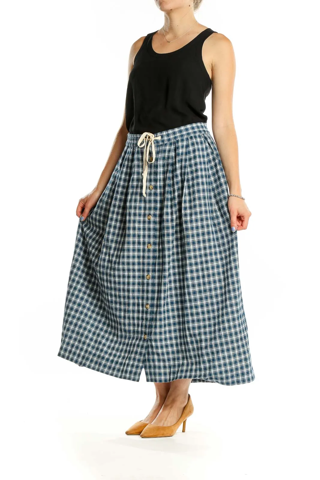 Blue Plaid Cotton Button-Front Midi Skirt