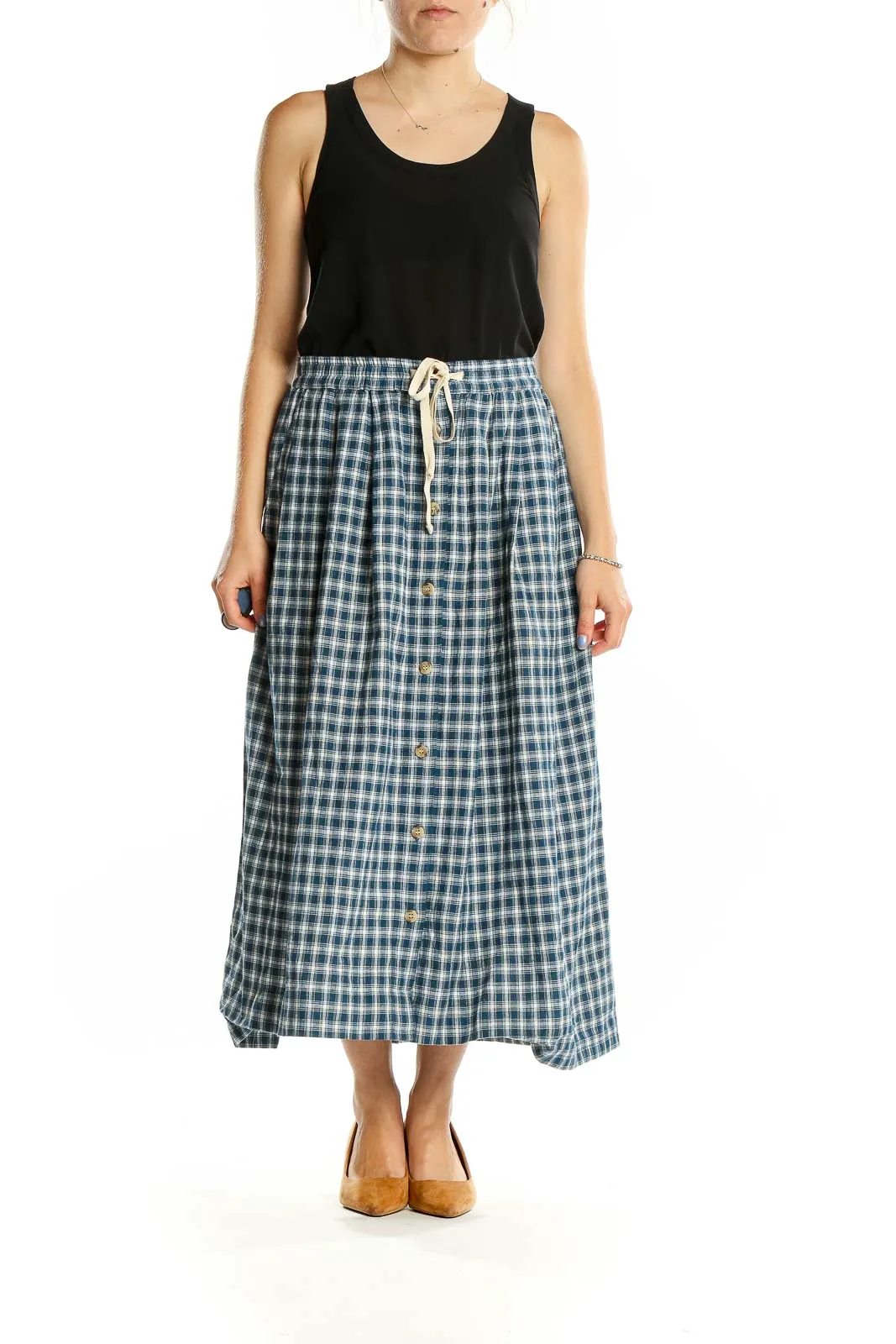 Blue Plaid Cotton Button-Front Midi Skirt