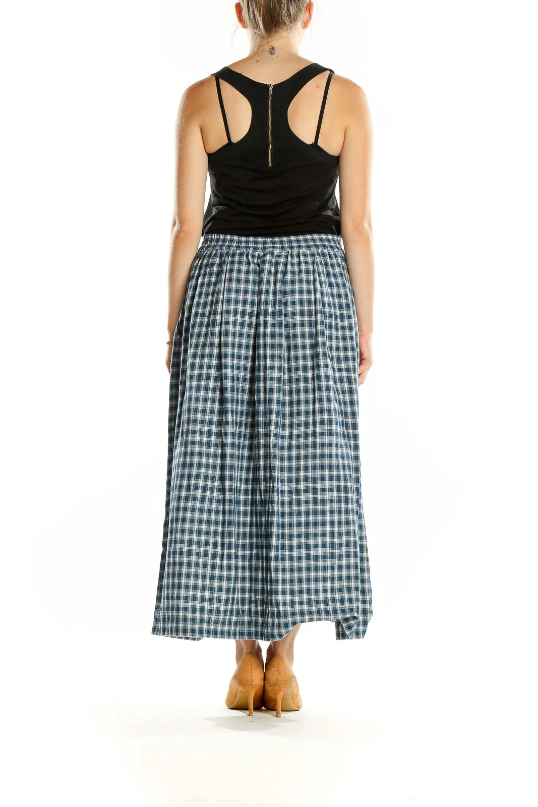 Blue Plaid Cotton Button-Front Midi Skirt