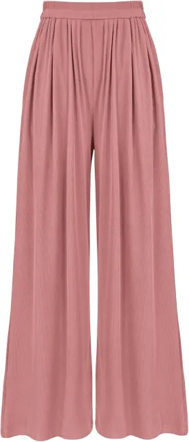 BTFBM Womens Casual Wide Leg Pants Summer Fall Clothes Pleated Elastic Waist Loose Palazzo Knit Trousers with Pockets