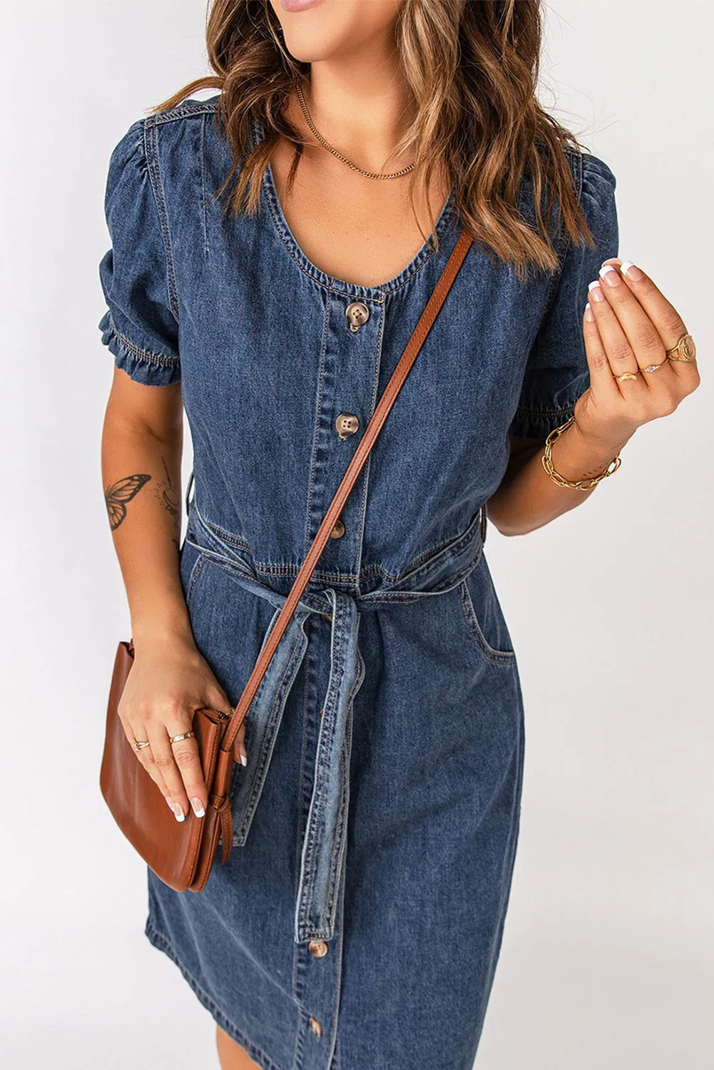 Button Front Tie-Waist Puff Sleeve Denim Dress