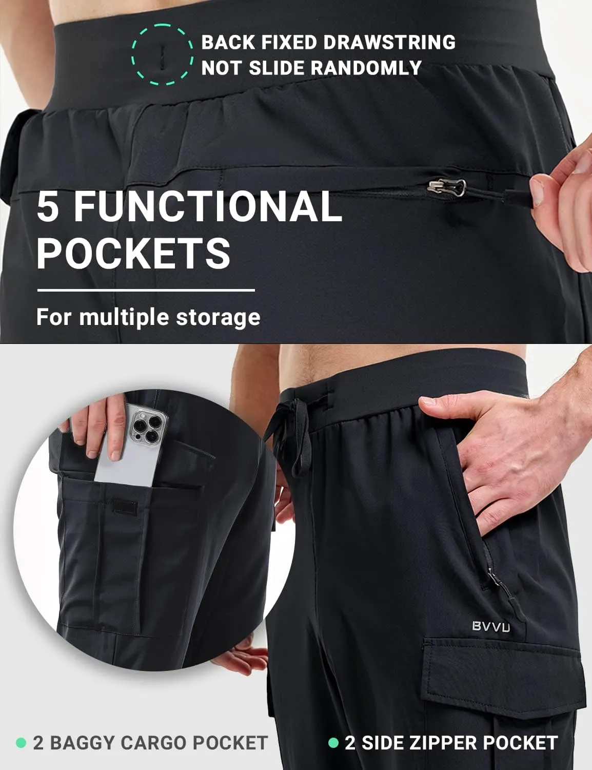 BVVU Men's Lightweight Cargo Joggers with Zipper Pockets Sweatpants for Men Quick Dry Gym Workout Athletic Golf Track Pants