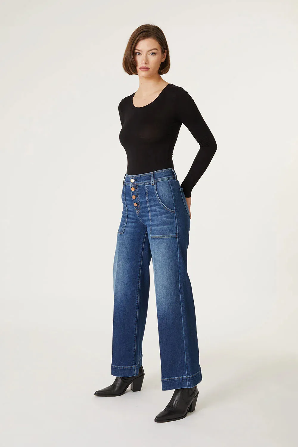 Camille Exposed Button Fly Pant by Level 99 in Puddle Jumper