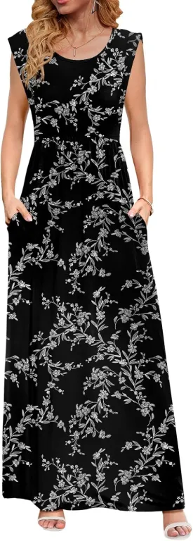 DB MOON Womens 2025 Maxi Dresses Empire Waist Long Summer Dress Casual Cap Short Sleeve Sundress with Pockets