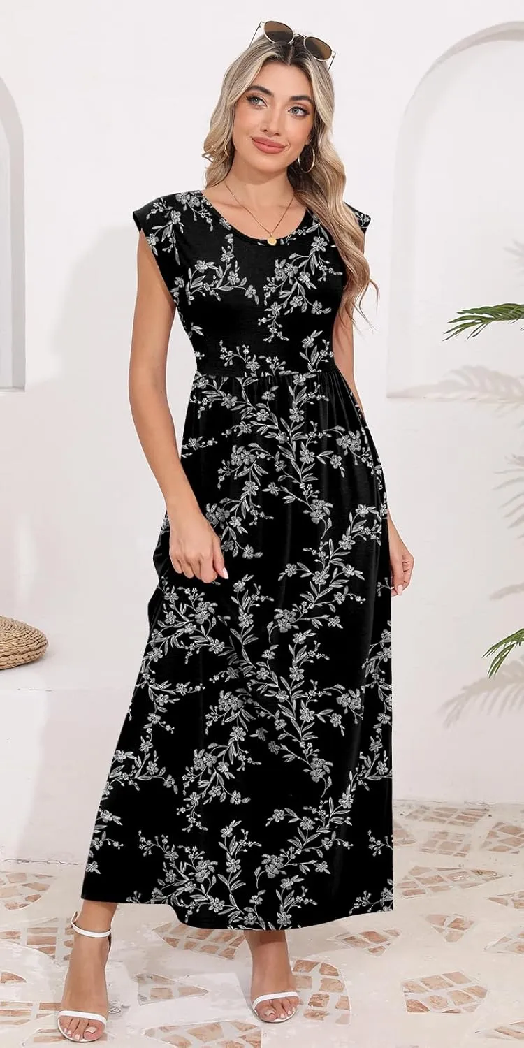 DB MOON Womens 2025 Maxi Dresses Empire Waist Long Summer Dress Casual Cap Short Sleeve Sundress with Pockets