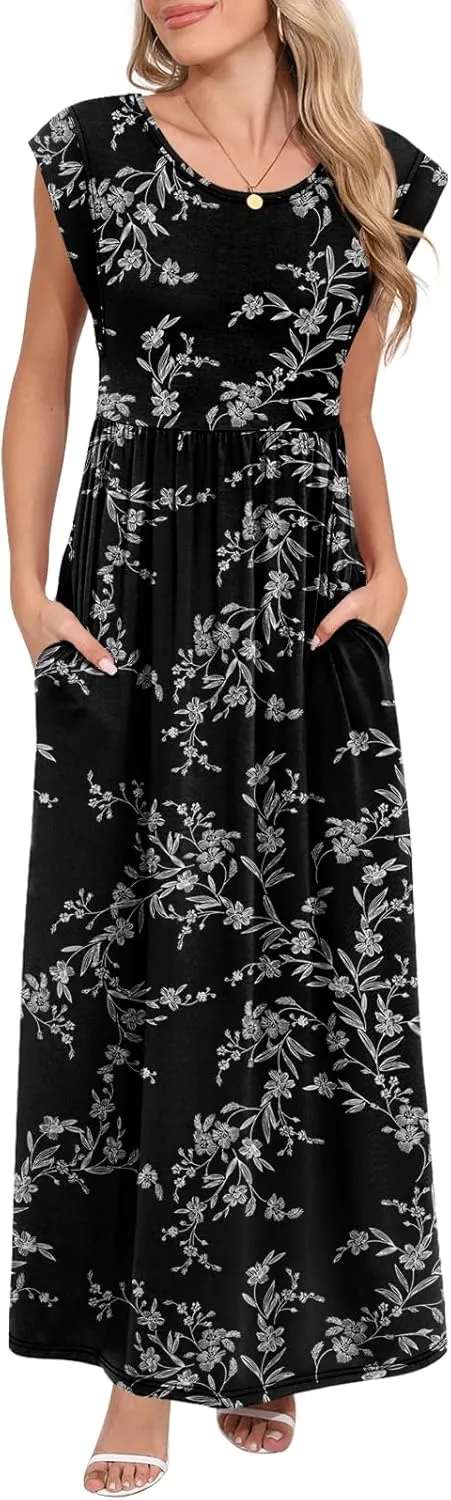 DB MOON Womens 2025 Maxi Dresses Empire Waist Long Summer Dress Casual Cap Short Sleeve Sundress with Pockets