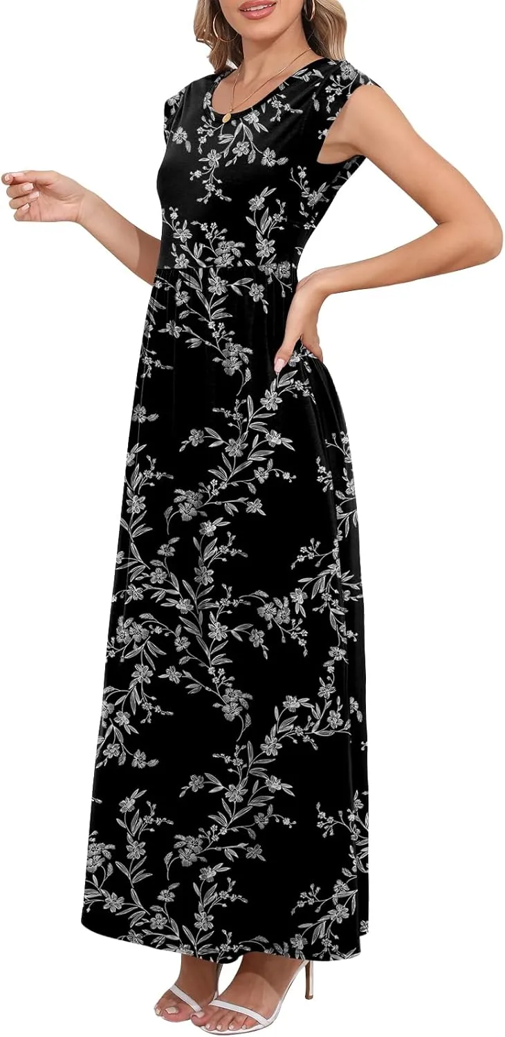 DB MOON Womens 2025 Maxi Dresses Empire Waist Long Summer Dress Casual Cap Short Sleeve Sundress with Pockets