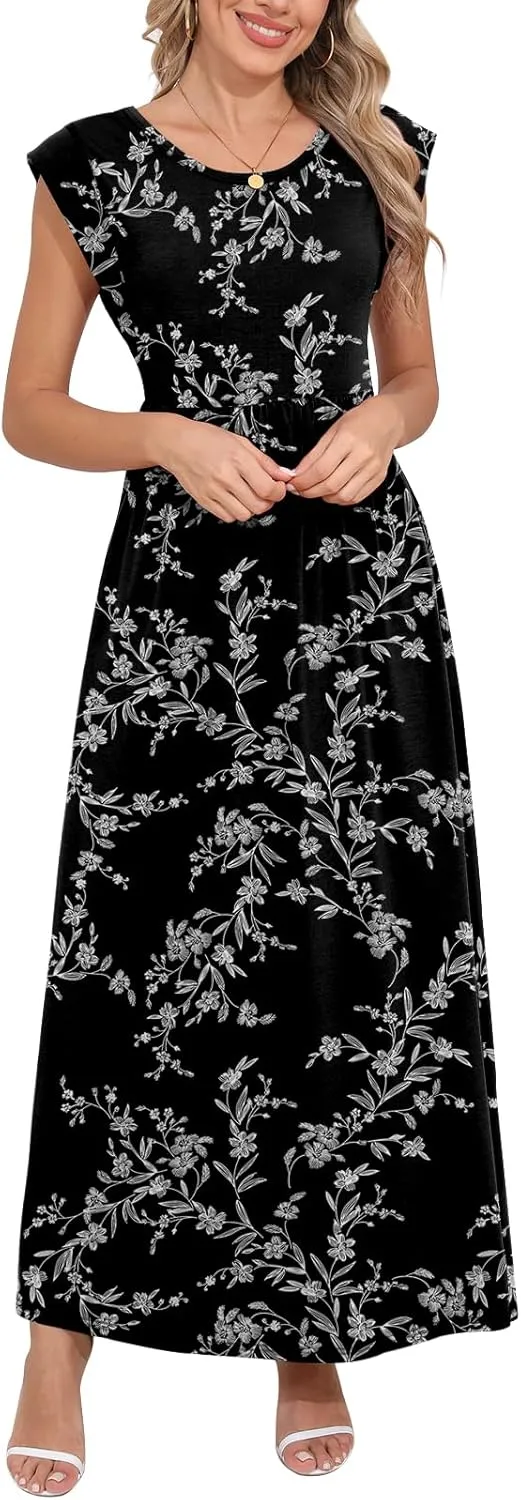 DB MOON Womens 2025 Maxi Dresses Empire Waist Long Summer Dress Casual Cap Short Sleeve Sundress with Pockets