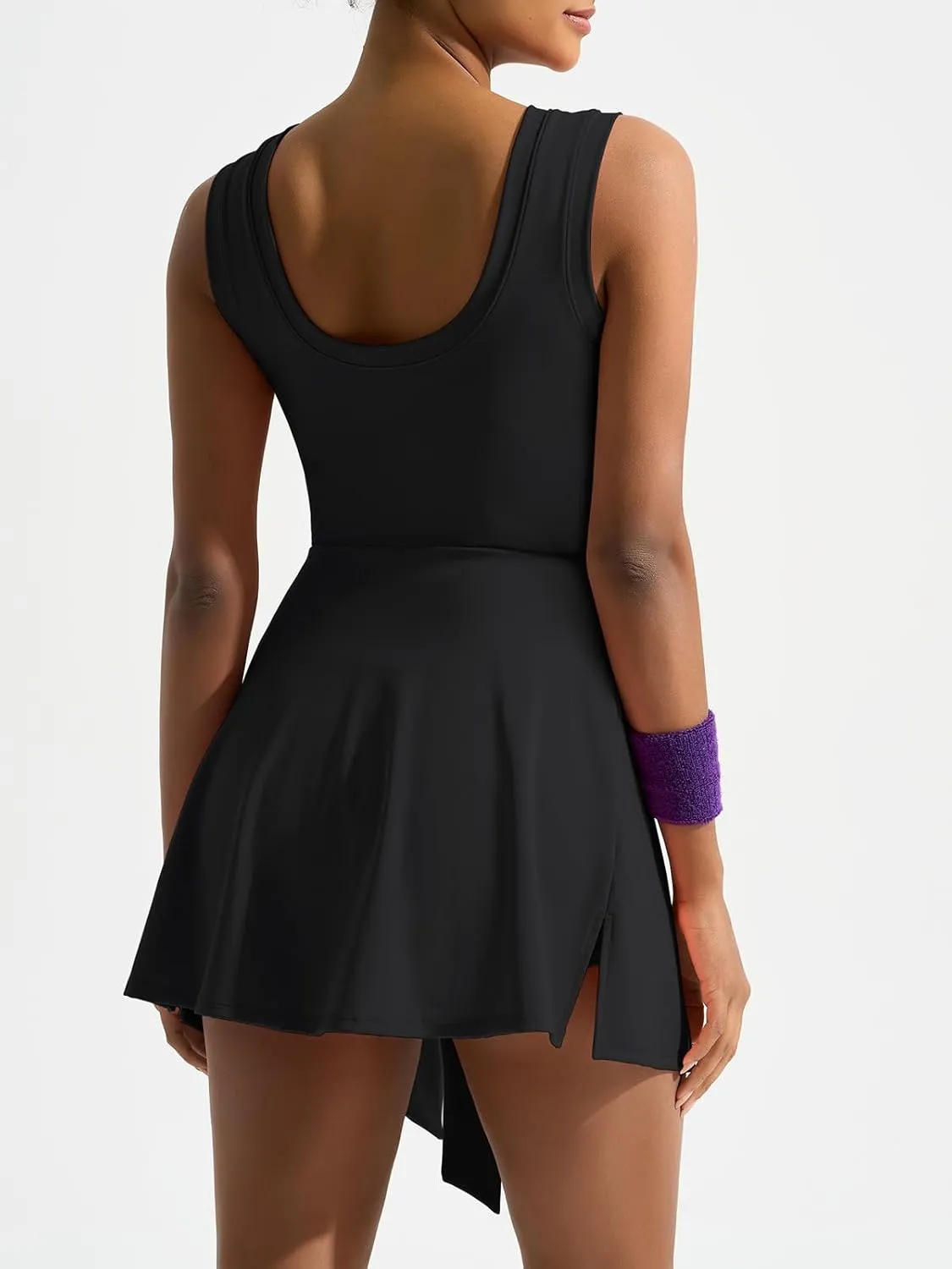 Dokuritu Tennis Dresses for Women Sleeveless Crew Neck Knot Romper Built in Shorts U-Shaped Back Workout Athletic Dress