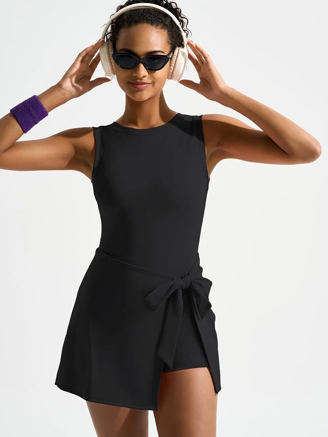 Dokuritu Tennis Dresses for Women Sleeveless Crew Neck Knot Romper Built in Shorts U-Shaped Back Workout Athletic Dress