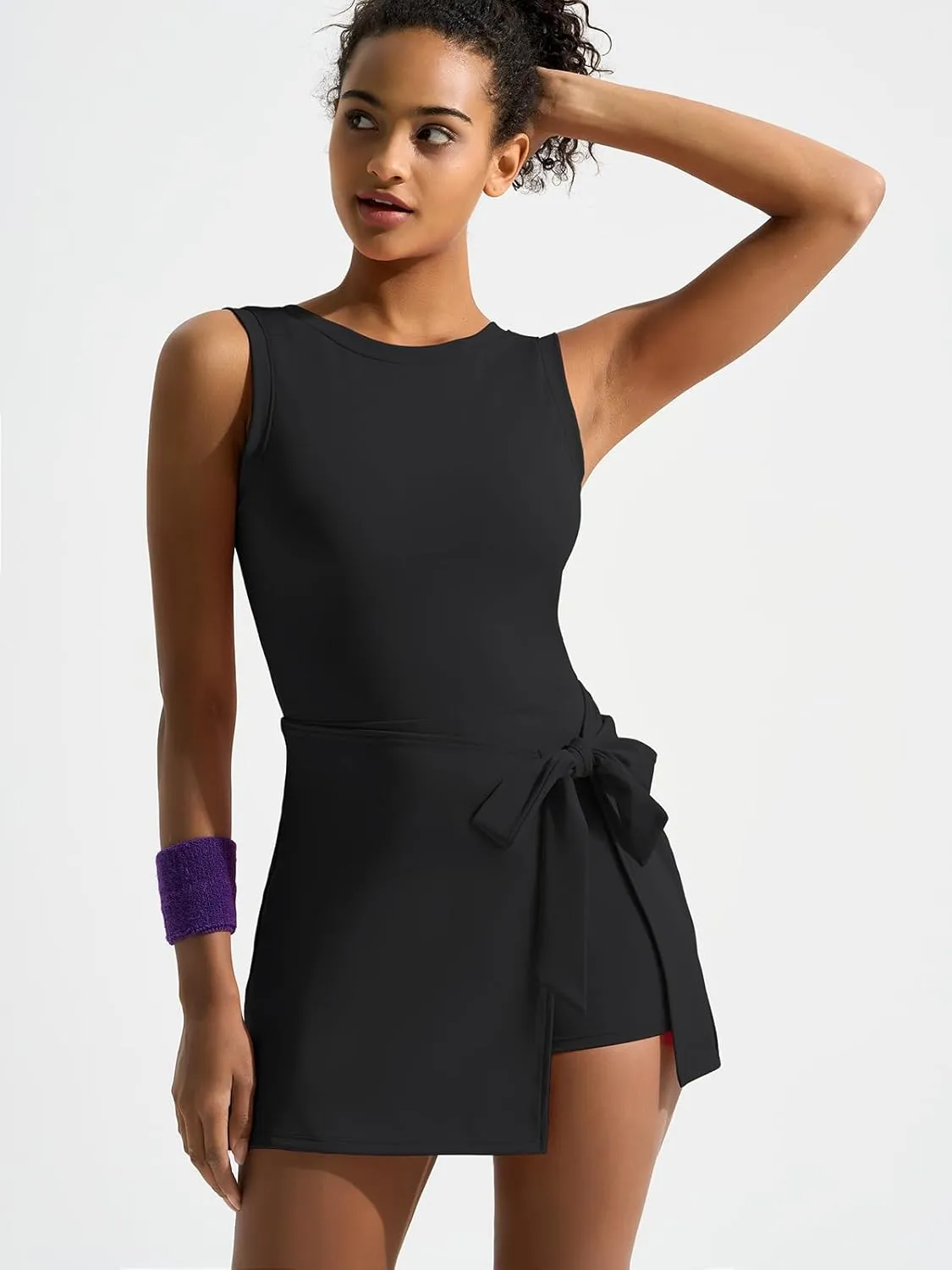 Dokuritu Tennis Dresses for Women Sleeveless Crew Neck Knot Romper Built in Shorts U-Shaped Back Workout Athletic Dress