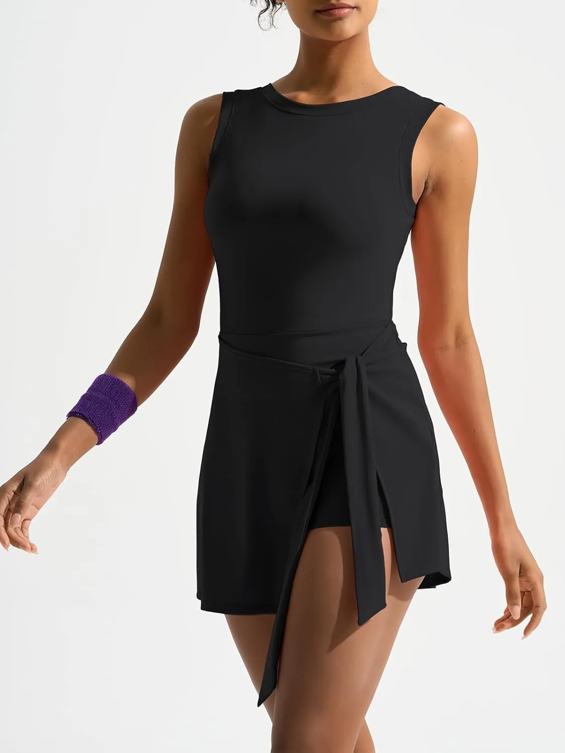 Dokuritu Tennis Dresses for Women Sleeveless Crew Neck Knot Romper Built in Shorts U-Shaped Back Workout Athletic Dress