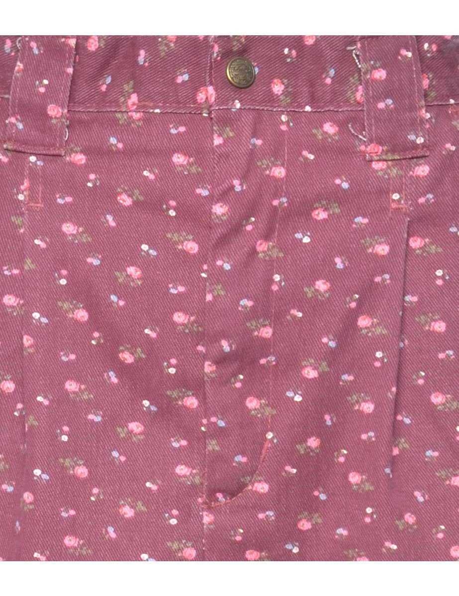 Floral Print 1990s Maroon Denim Skirt - S