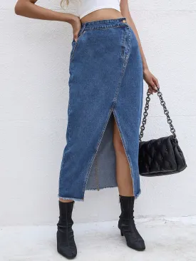 Floral Split Thigh High Waist Long Women Denim Skirt