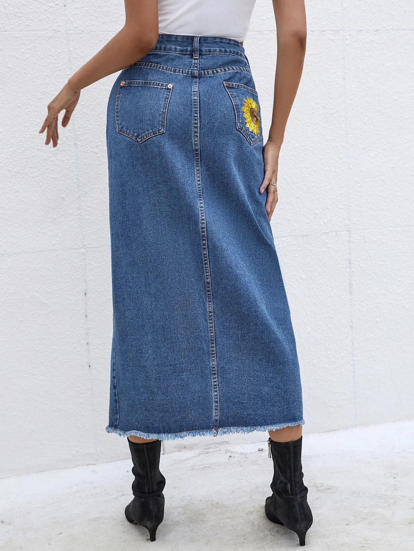 Floral Split Thigh High Waist Long Women Denim Skirt