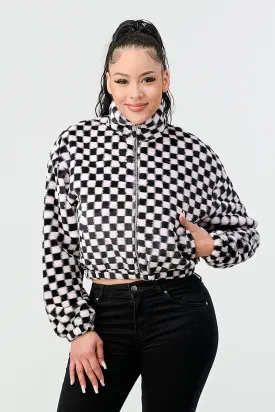 FUR CHECKER ZIPUP CROPPED BOMBER JACKETS