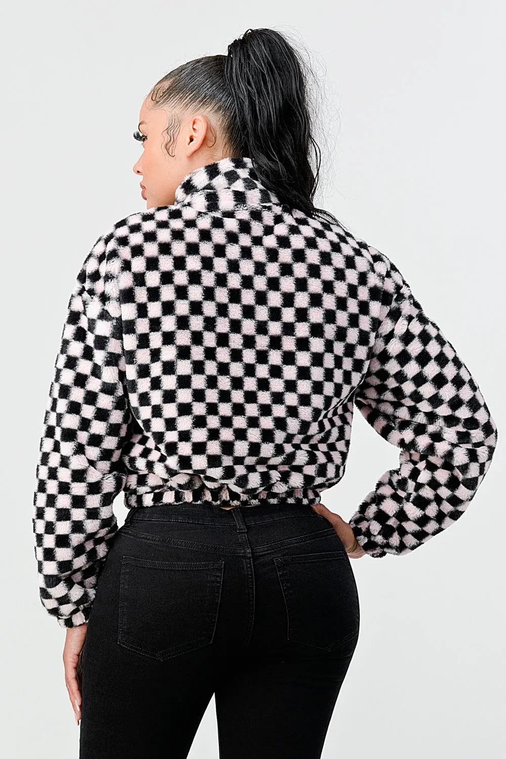 FUR CHECKER ZIPUP CROPPED BOMBER JACKETS