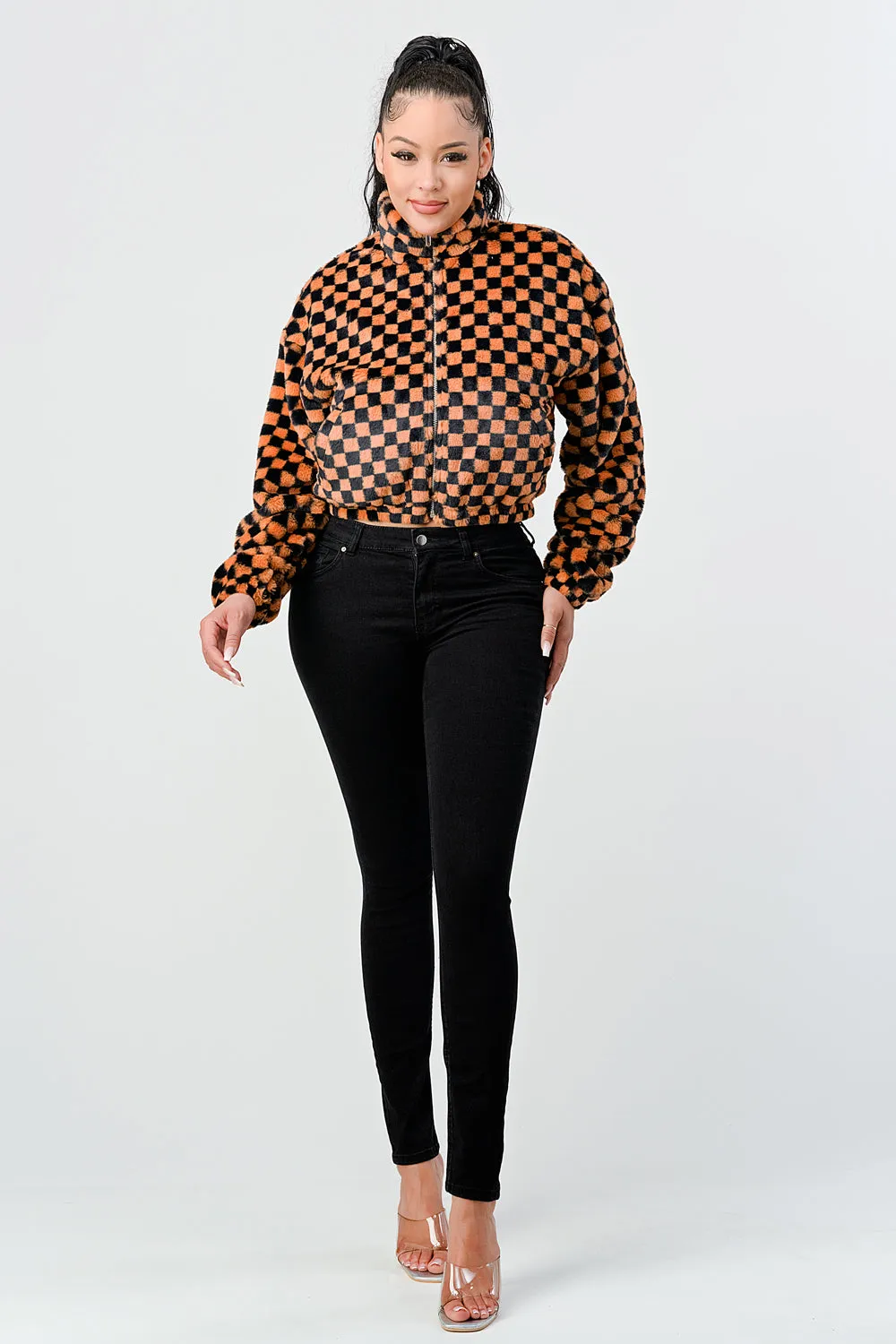 FUR CHECKER ZIPUP CROPPED BOMBER JACKETS