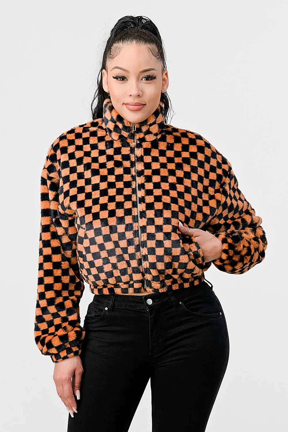 FUR CHECKER ZIPUP CROPPED BOMBER JACKETS