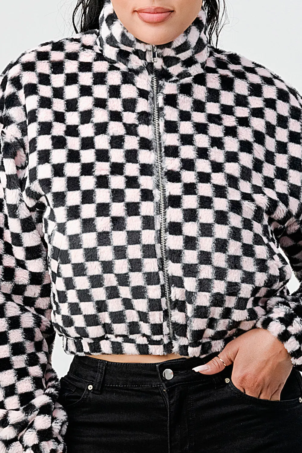 FUR CHECKER ZIPUP CROPPED BOMBER JACKETS