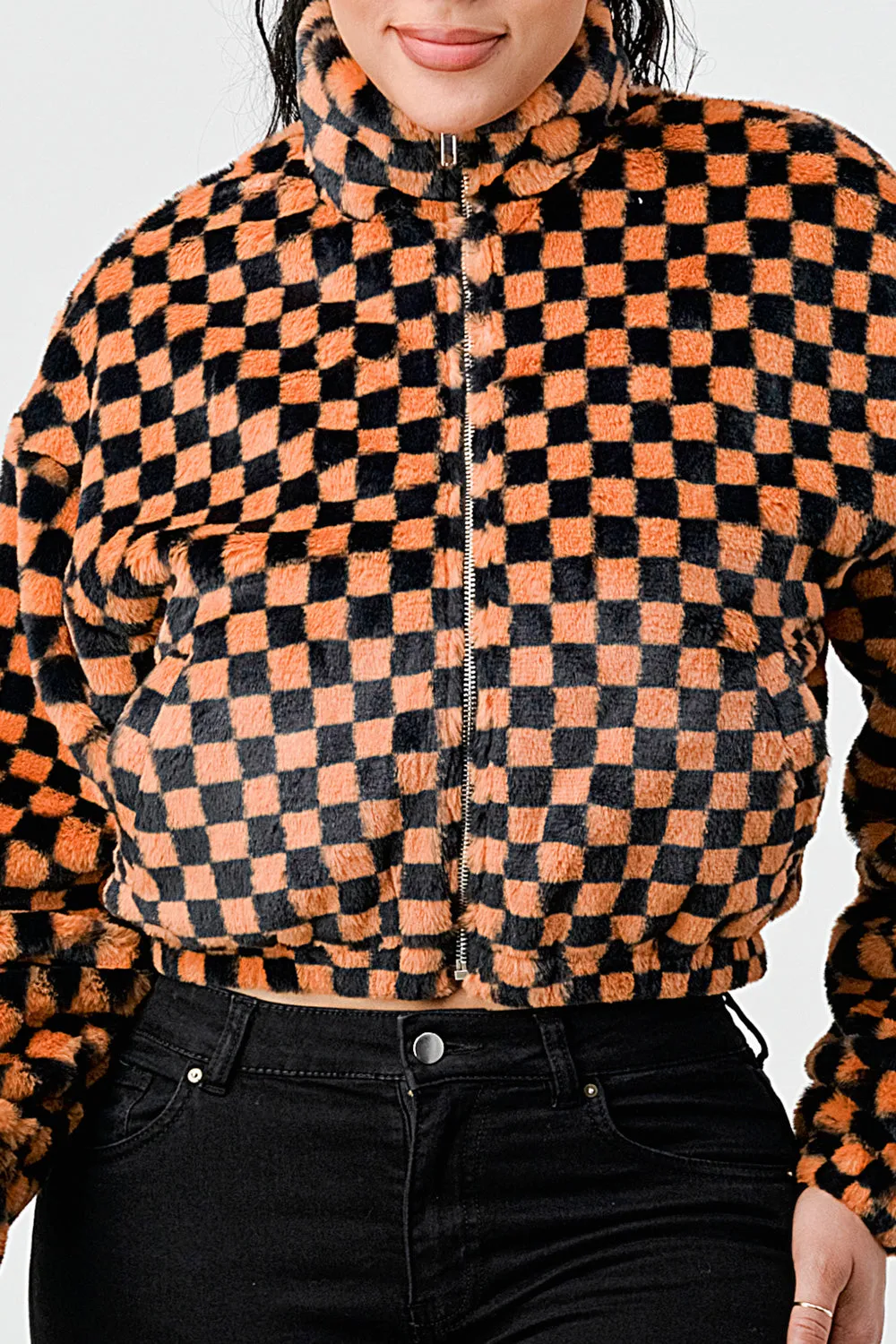 FUR CHECKER ZIPUP CROPPED BOMBER JACKETS