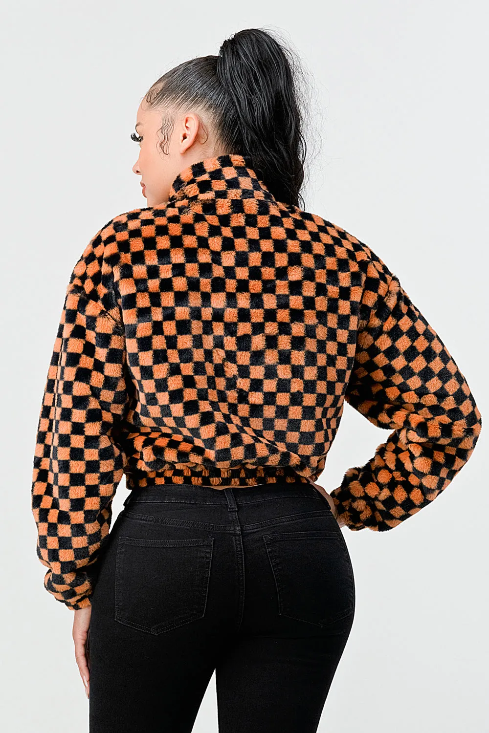 FUR CHECKER ZIPUP CROPPED BOMBER JACKETS